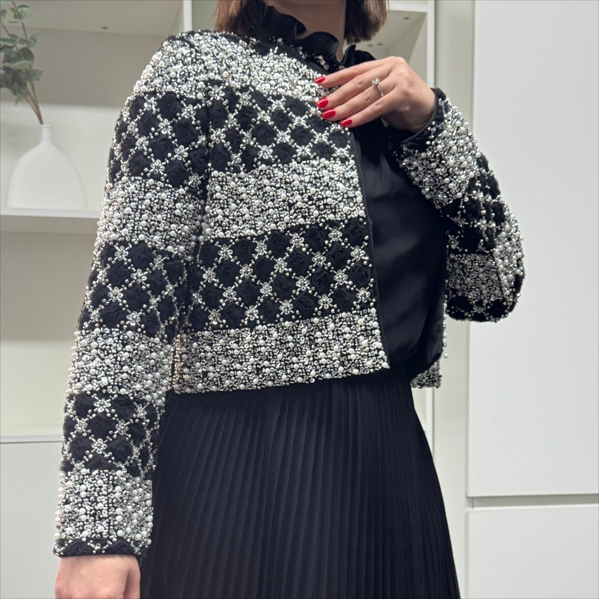 Luxury Pearl Beaded Diamond Grid Jacket & Pleated Dress Set(MS403) - Mariam's Collection