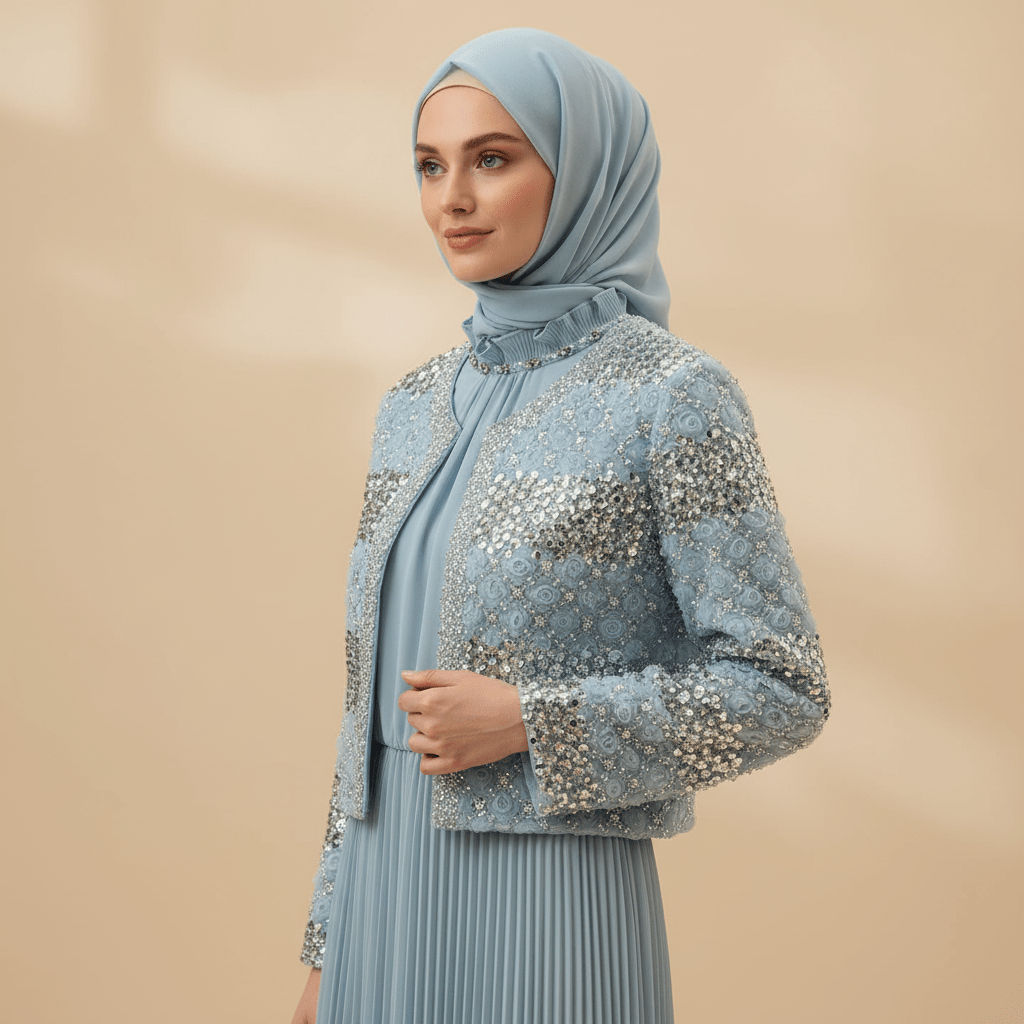 Luxury Pearl Beaded Diamond Grid Jacket & Pleated Dress Set(MS403) - Mariam's Collection