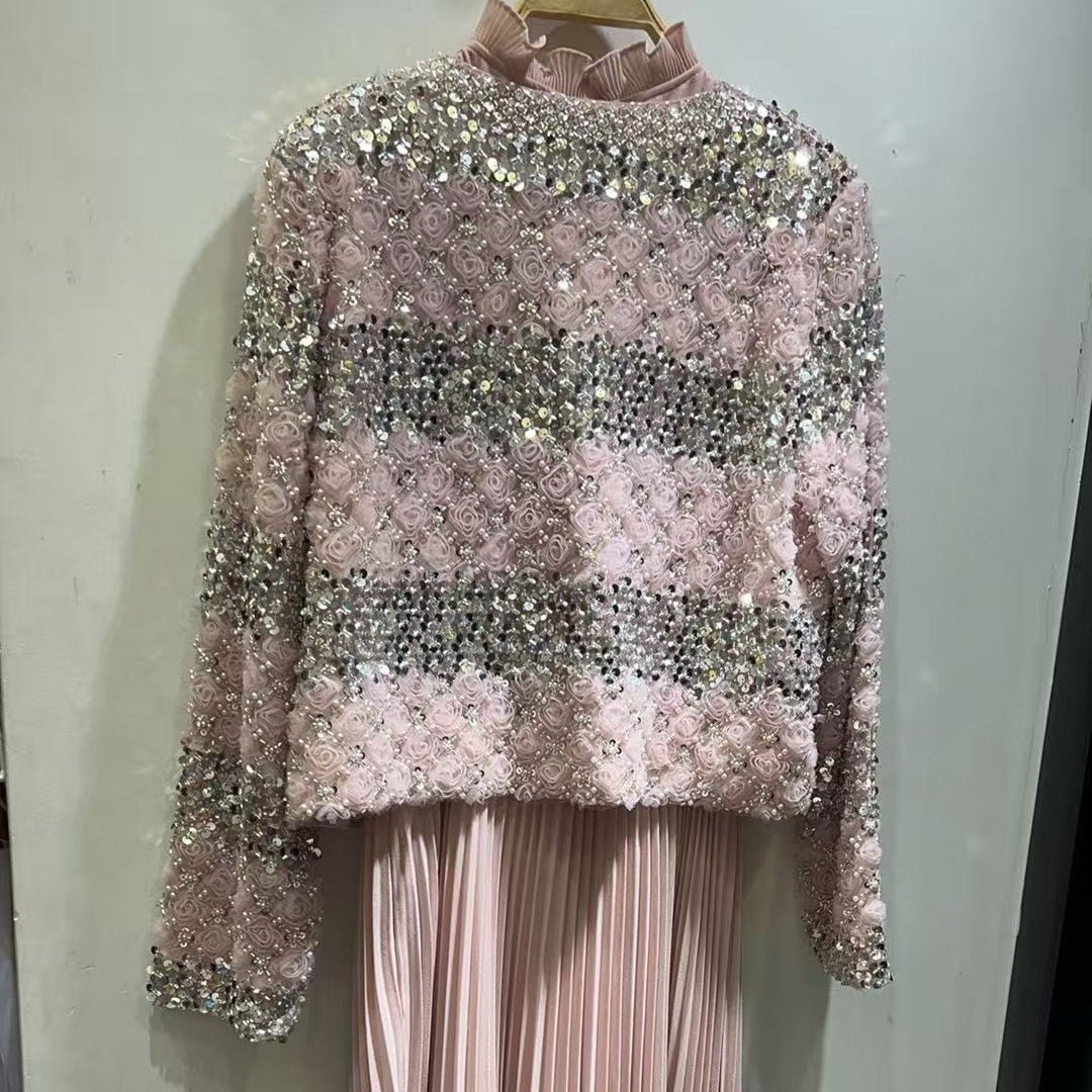 Luxury Pearl Beaded Diamond Grid Jacket & Pleated Dress Set(MS403) - Mariam's Collection
