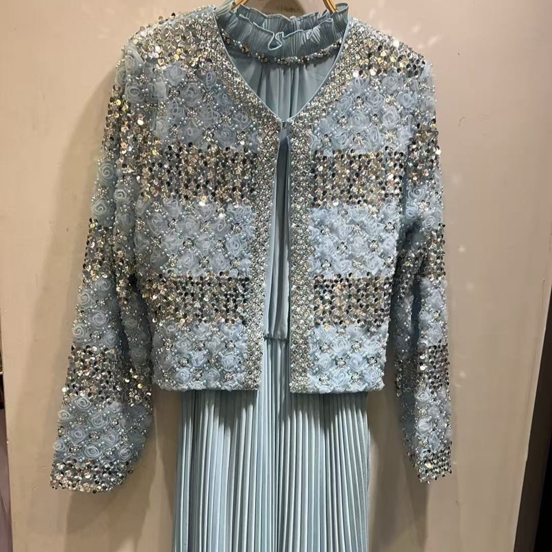 Luxury Pearl Beaded Diamond Grid Jacket & Pleated Dress Set(MS403) - Mariam's Collection