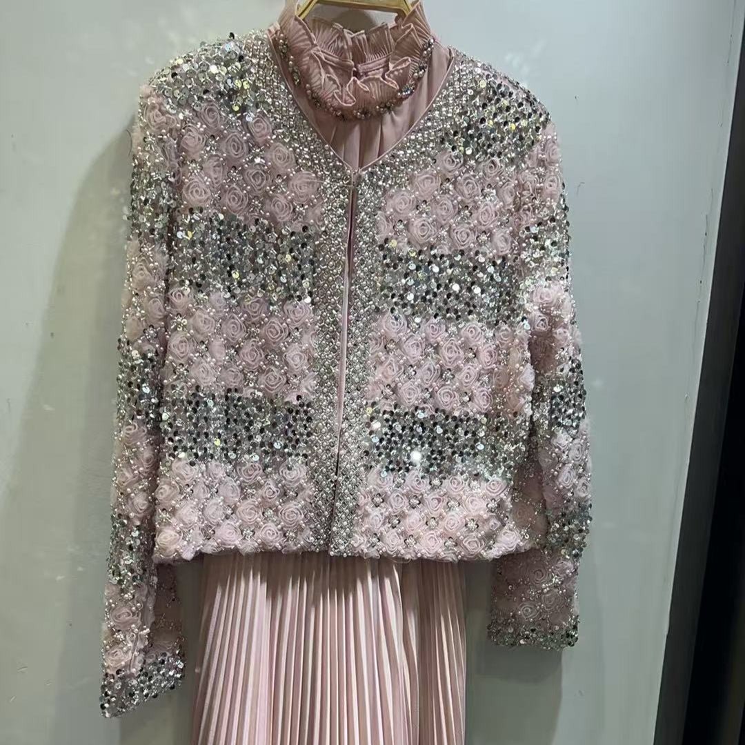 Luxury Pearl Beaded Diamond Grid Jacket & Pleated Dress Set(MS403) - Mariam's Collection