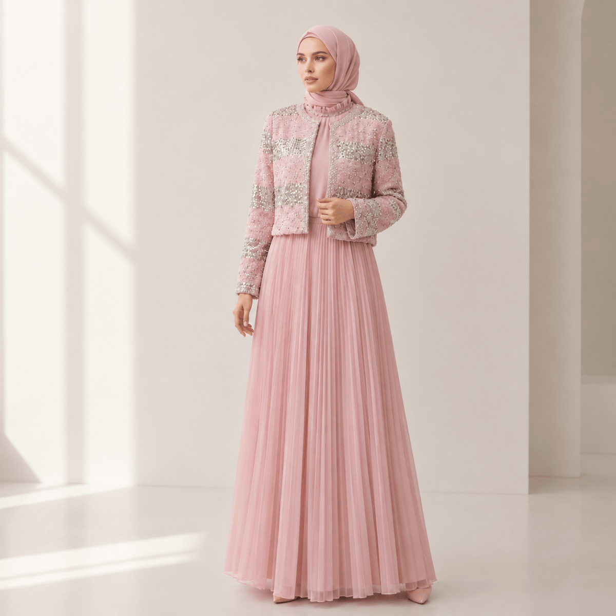 Luxury Pearl Beaded Diamond Grid Jacket & Pleated Dress Set(MS403) - Mariam's Collection