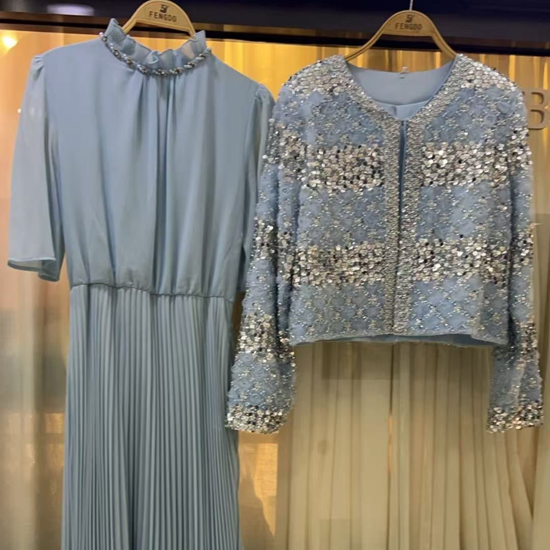 Luxury Pearl Beaded Diamond Grid Jacket & Pleated Dress Set(MS403) - Mariam's Collection