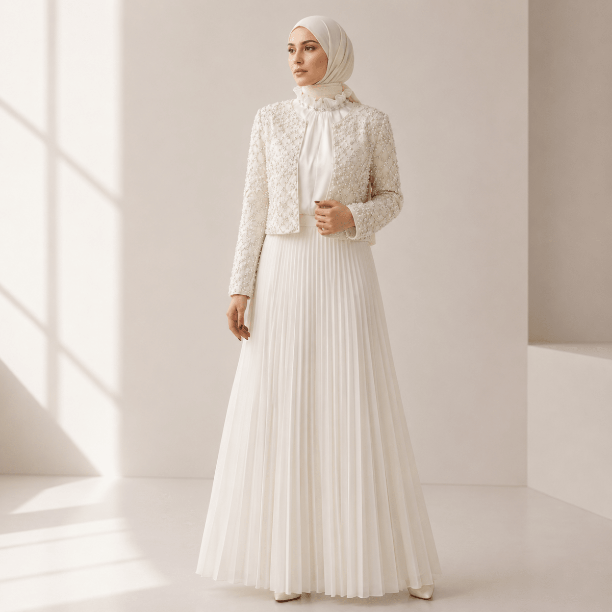 Luxury Pearl Beaded Diamond Grid Jacket & Pleated Dress Set(MS403) - Mariam's Collection
