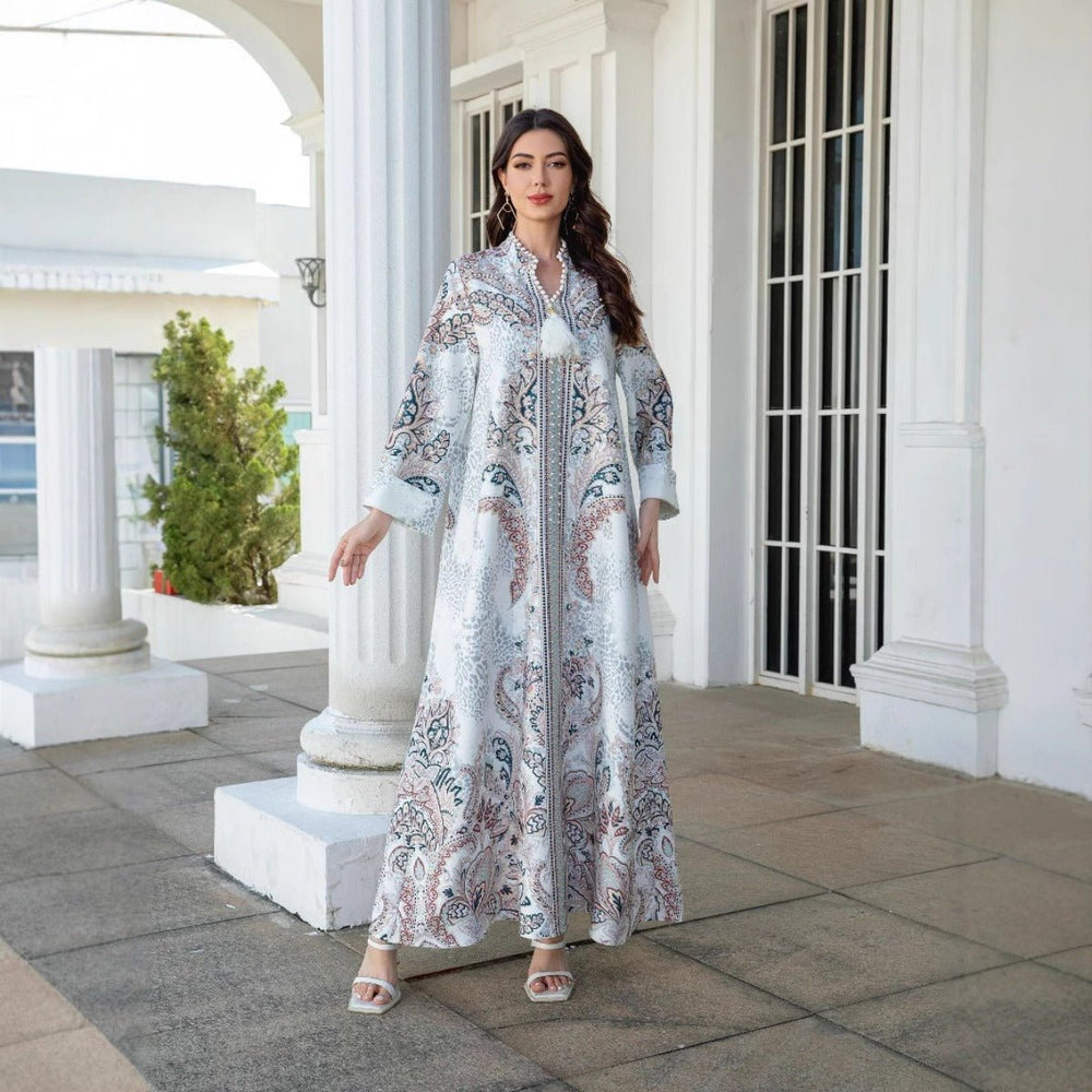 Luxury Pearl-Embellished Floral Beaded Muslim Robe Abaya with Bell ...