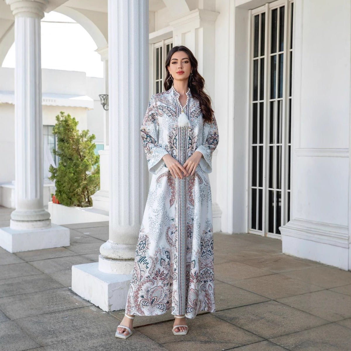 Luxury Pearl - Embellished Floral Beaded Muslim Robe Abaya with Bell Sleeves & Tassel Details. (MA229) - Mariam's Collection