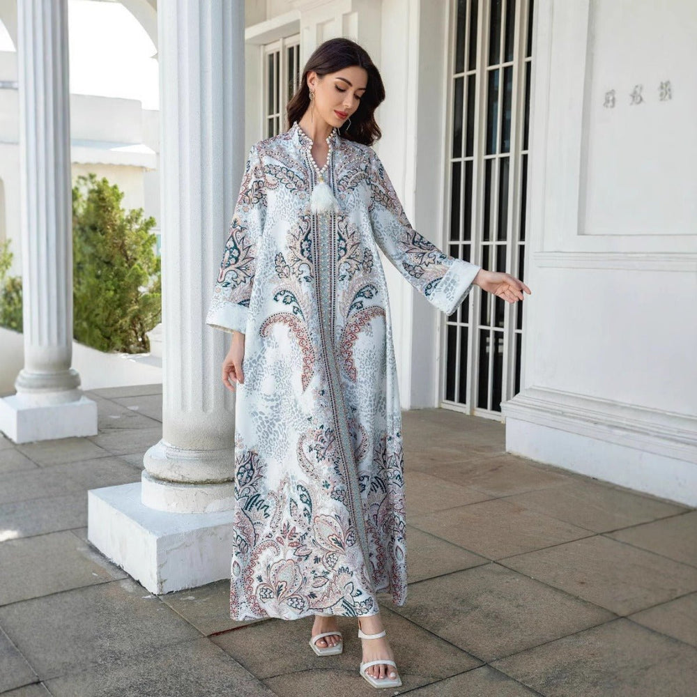 Luxury Pearl-Embellished Floral Beaded Muslim Robe Abaya with Bell ...