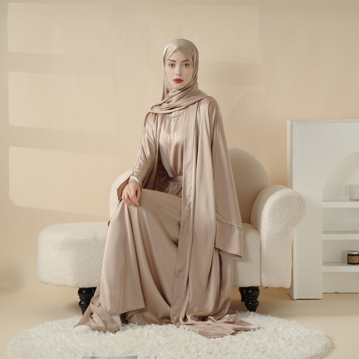 Luxury Satin Abaya With Diamond Tassels Belt, 6 - Piece Set (MOA041) - Mariam's Collection