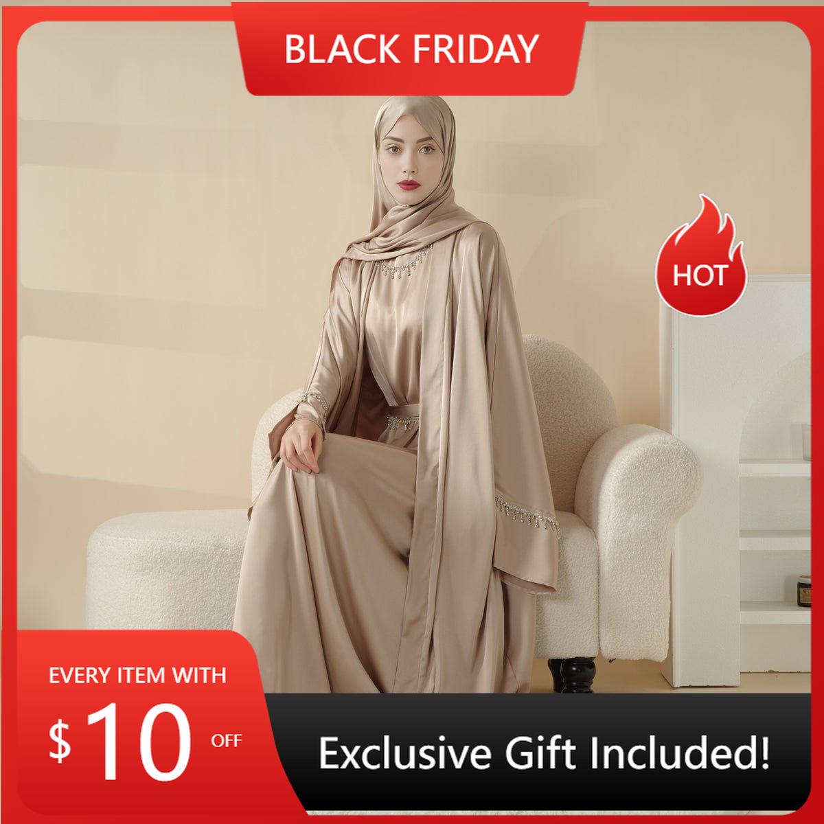 Luxury Satin Abaya With Diamond Tassels Belt, 6 - Piece Set (MOA041) - Mariam's Collection