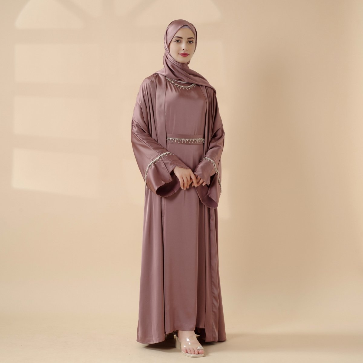 Luxury Satin Abaya With Diamond Tassels Belt, 6 - Piece Set (MOA041) - Mariam's Collection