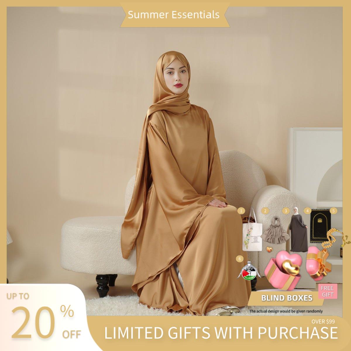 Luxury Satin Floaty Kaftan Abaya With Matching Hijab (MA054) - Mariam's Collection