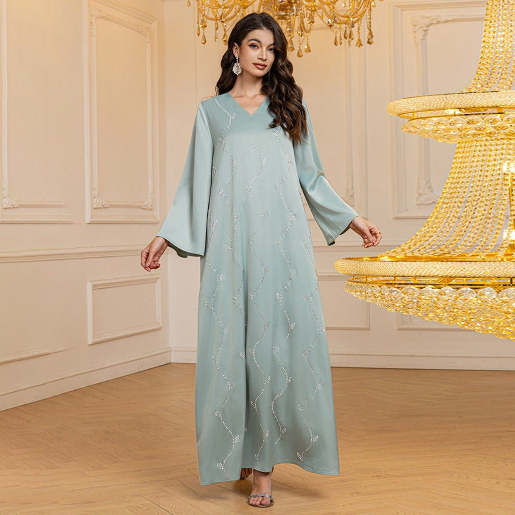 luxury diamond dress Textured Satin Embellished Robe - High-End V-Neck Evening Gown with Flared Sleeves(MA276) Color:Antico Blue Embellished Long Sleeve Maxi gh-fleece-crew-dress Luxury diamond gold beaded