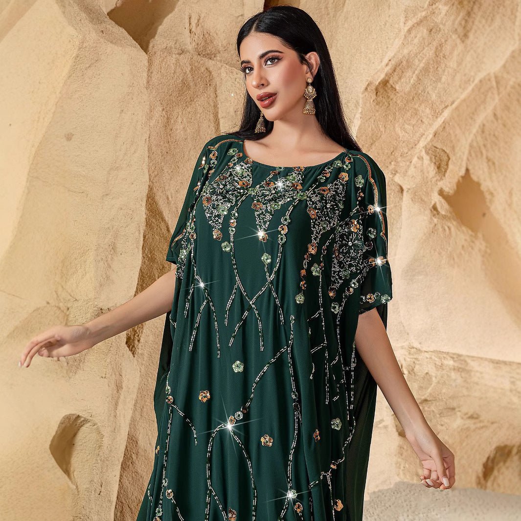 Luxury Wedding & Party Emerald Enchantment Hand - Sewn 3D Bead Flower Cape Abaya. (MA185) - Mariam's Collection