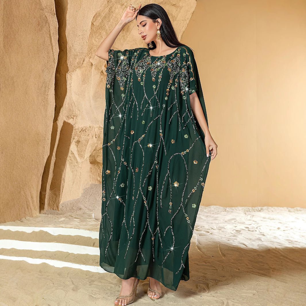 Luxury Wedding & Party Emerald Enchantment Hand - Sewn 3D Bead Flower Cape Abaya. (MA185) - Mariam's Collection