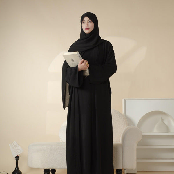 Black crepe open abaya set with pockets - versatile open black abaya