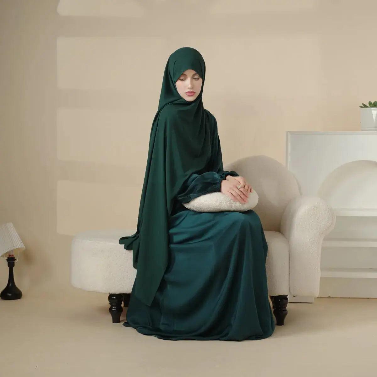 MA031 Puff Sleeve Satin Abaya with Pockets 2-Piece Set - Mariam's Collection