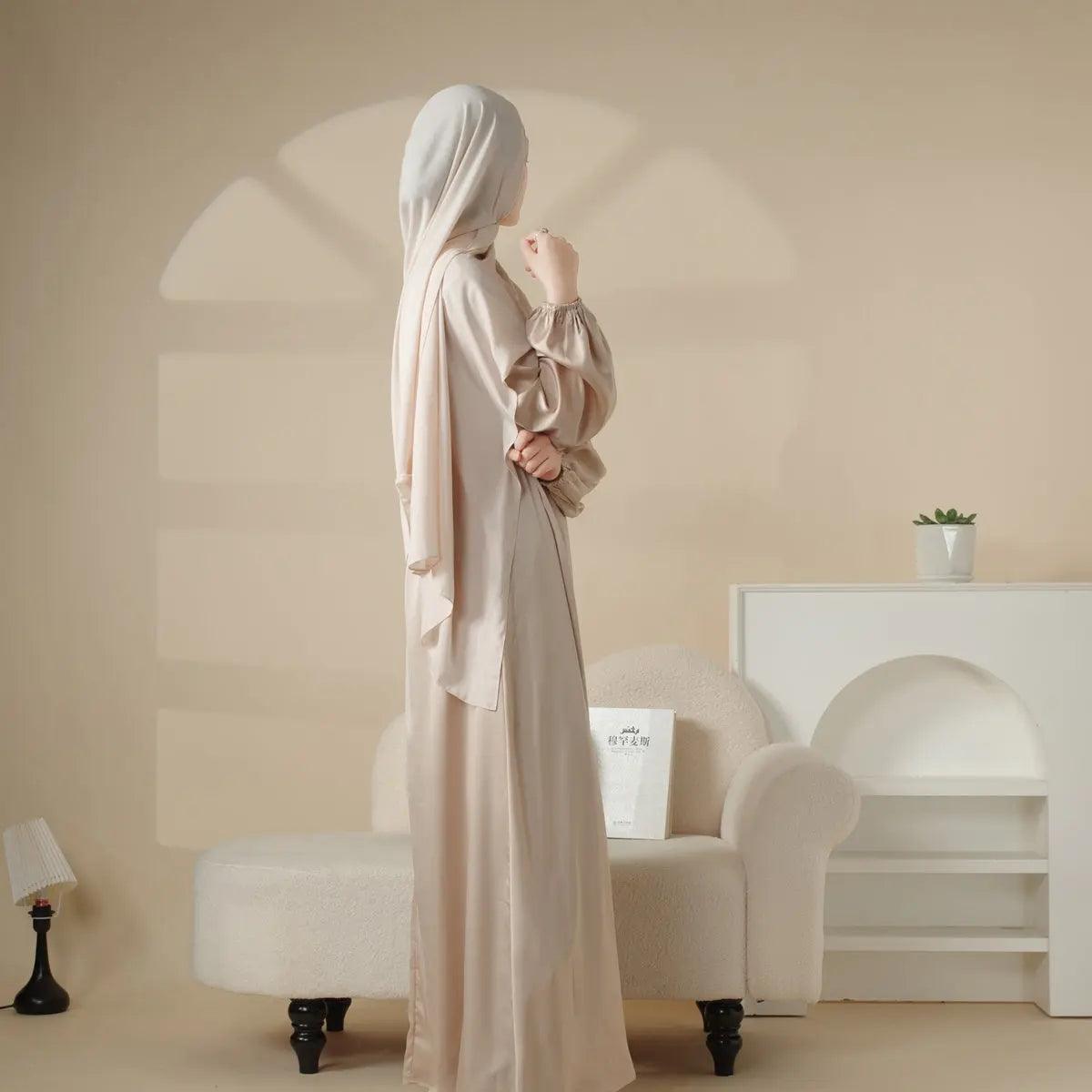 MA031 Puff Sleeve Satin Abaya with Pockets 2-Piece Set - Mariam's Collection