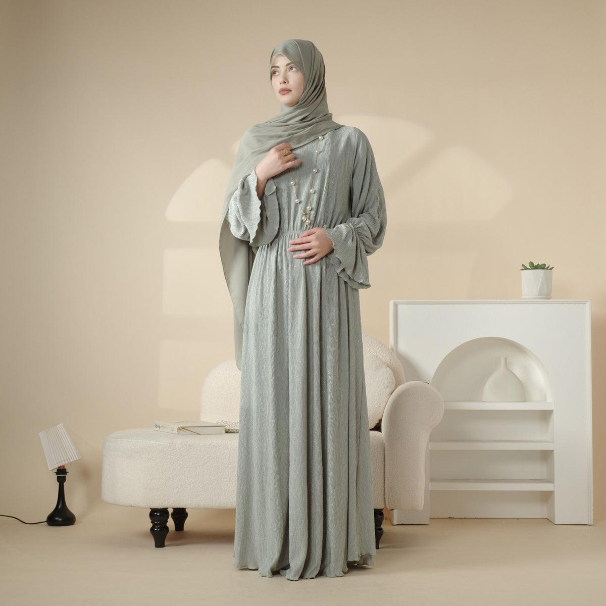 MA038 Pleated Sparkle Abaya Dress - Mariam's Collection