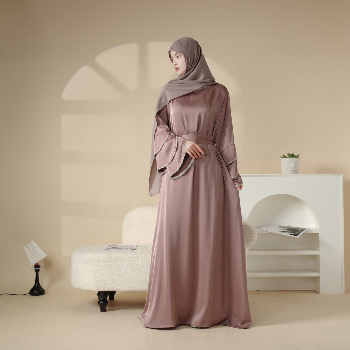 MA040 Ruffle Sleeve Diamond Satin Pocket Abaya - Mariam's Collection