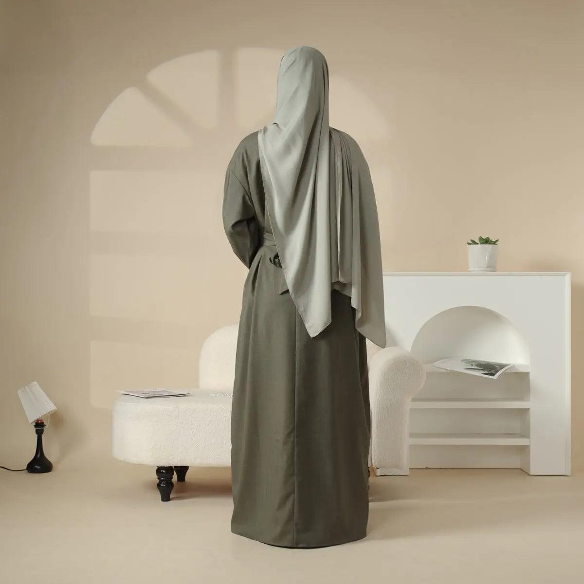 MA043 Linen Plain Abaya with Pockets 2-Piece Set - Mariam's Collection