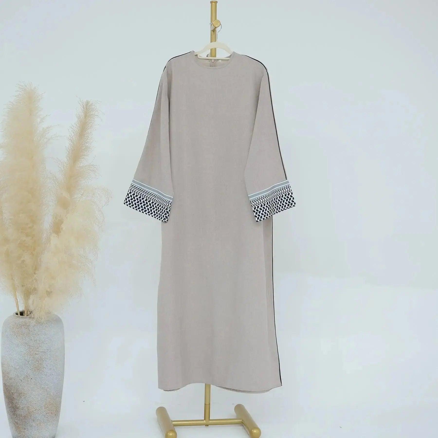 MA049 Linen Cotton Blend Kufiyah Abaya Dress (pre-order) - Mariam's Collection
