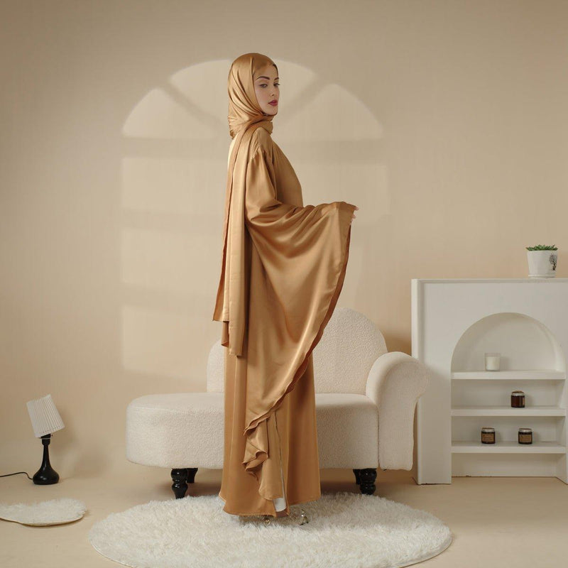 MA054 Luxury Satin Floaty Kaftan Abaya 2-Piece Set (Preorder) - Mariam's Collection
