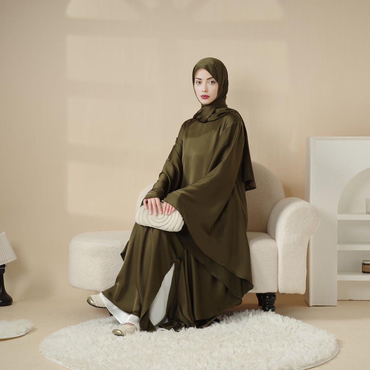 MA054 Luxury Satin Floaty Kaftan Abaya 2-Piece Set (Preorder) - Mariam's Collection
