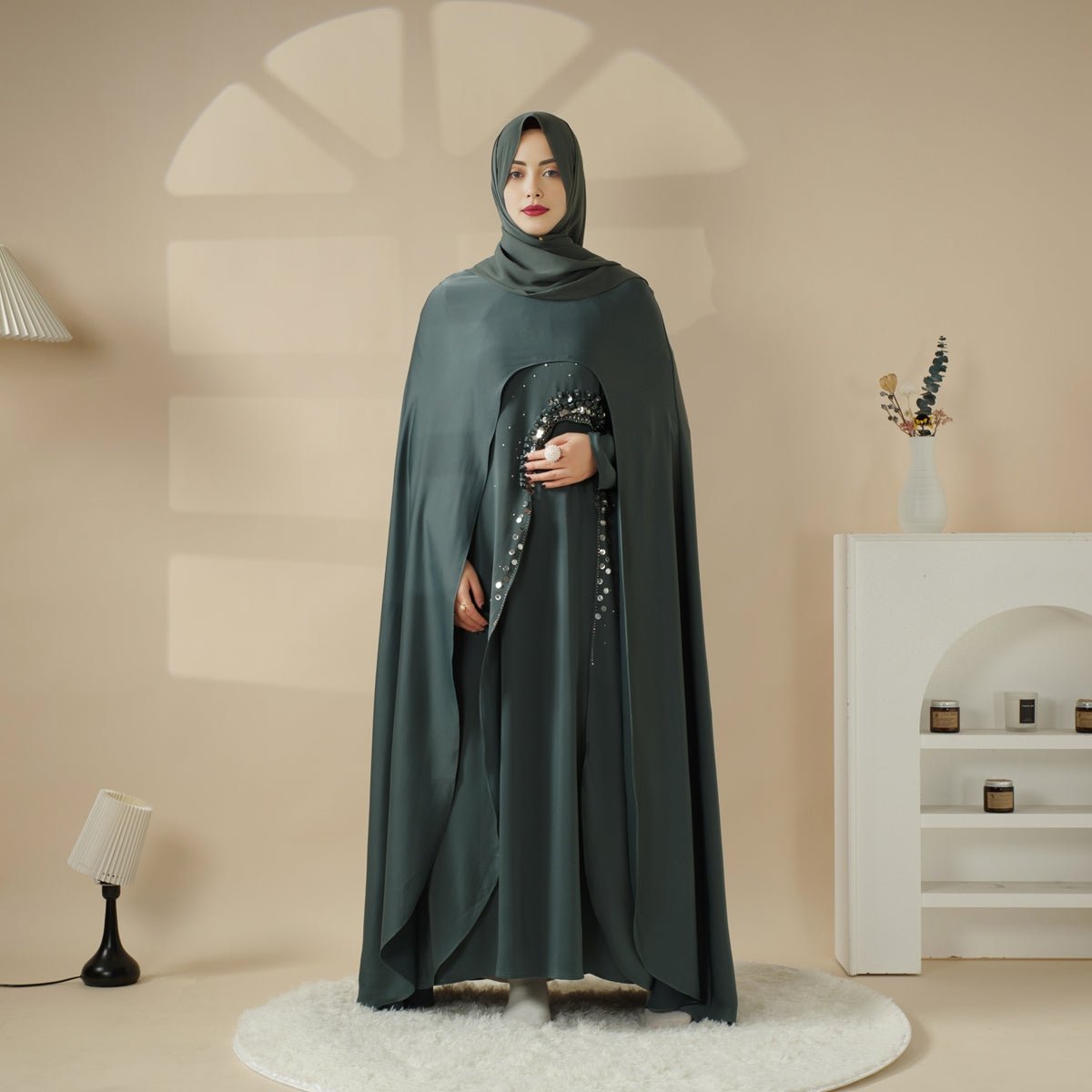 Haute Couture Abaya, Heavy-Crafted 3-Layer Cape Abaya (MA096)