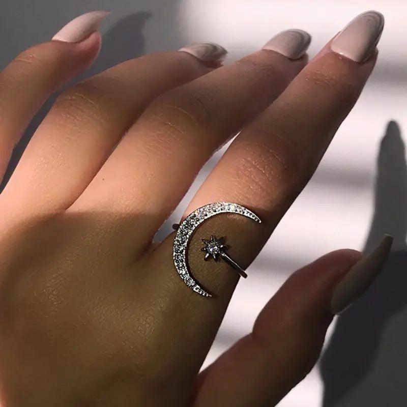 MAC035 Cubic Zirconia Moon and Star Open Band Ring - Mariam's Collection