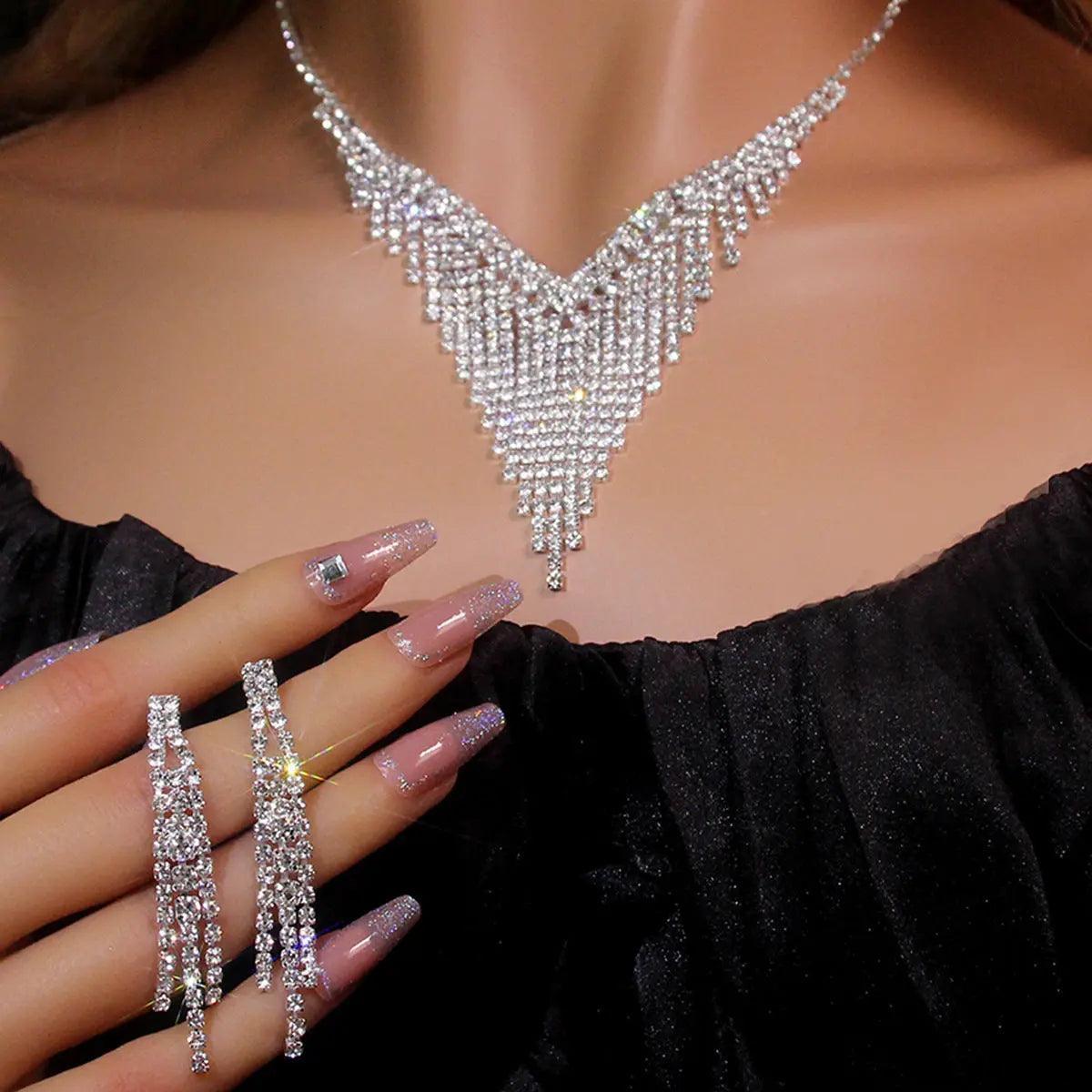 MAC047 Rhinestone Crystal angle Earring Fringe Chain Necklaces Sets - Mariam's Collection