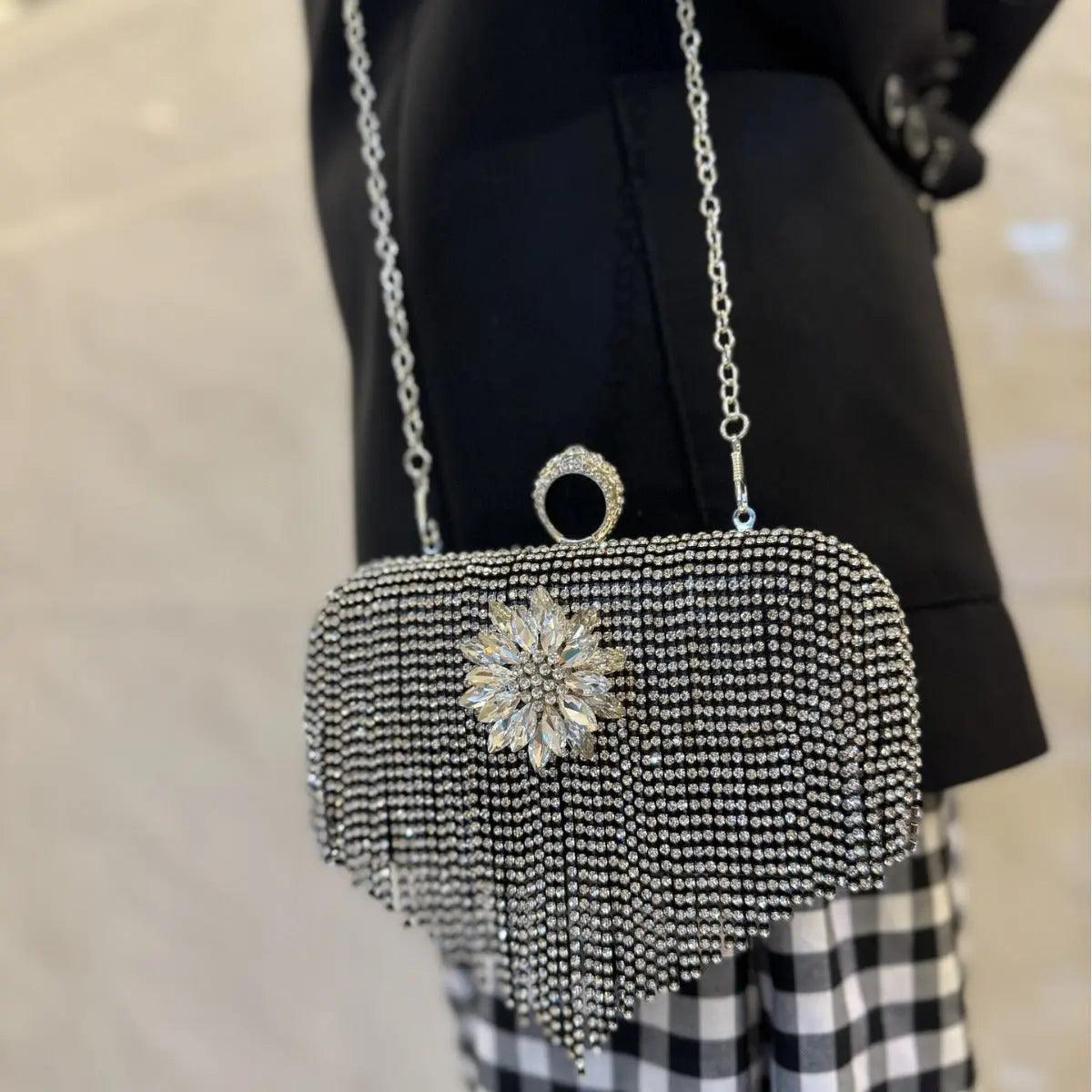 MAC056 Tassel Evening Clutch Bag Luxury Rhinestones Party Prom Purse Handbag With Detachable Chain - Mariam's Collection