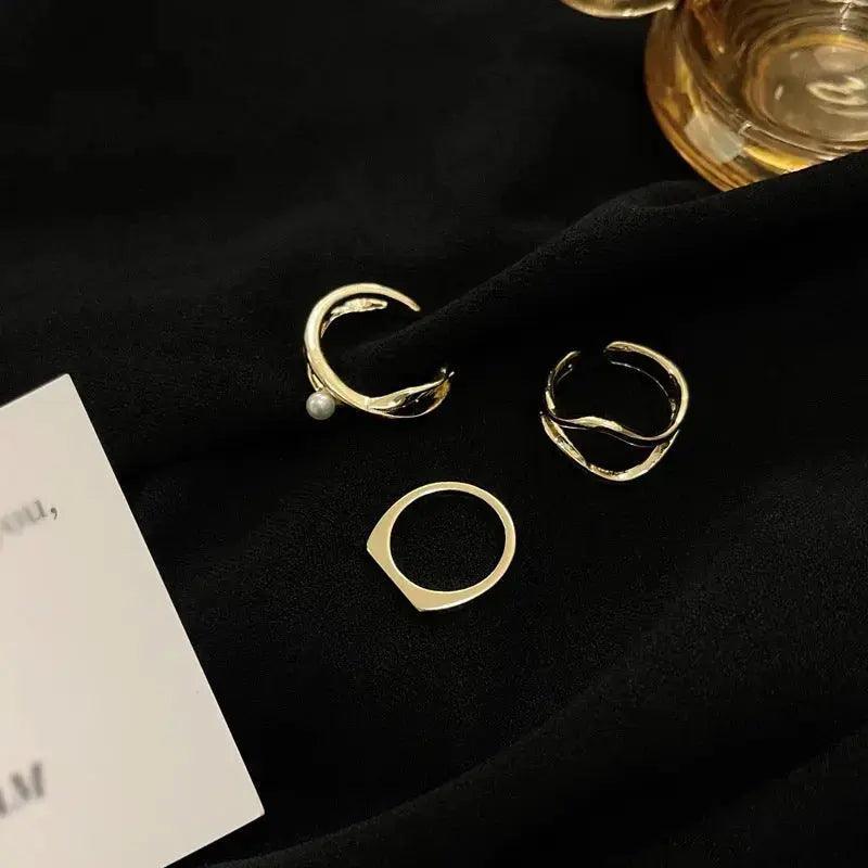 MAC068 Metallic Open Geometric Pearl Ring 3-Piece Set - Mariam's Collection