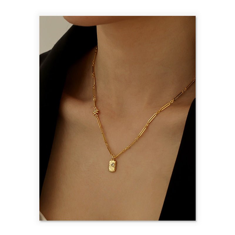 MAC073 Brass Plated 18K Real Gold Light Luxury Style Zircon Inlaid Square Pendant Necklace - Mariam's Collection
