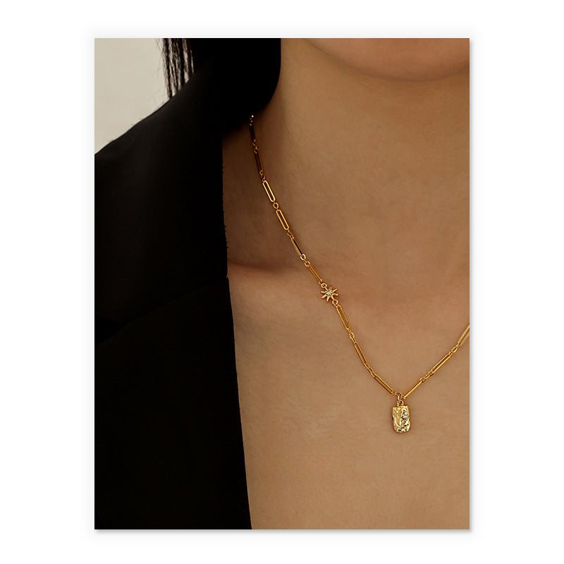 MAC073 Brass Plated 18K Real Gold Light Luxury Style Zircon Inlaid Square Pendant Necklace - Mariam's Collection
