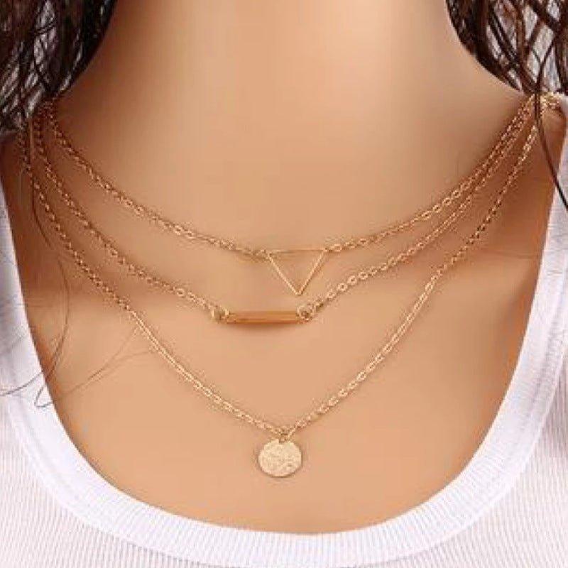 MAC090 Multi - layered Hollow Tiangular Sequin Long Round Pendant Necklace - Mariam's Collection