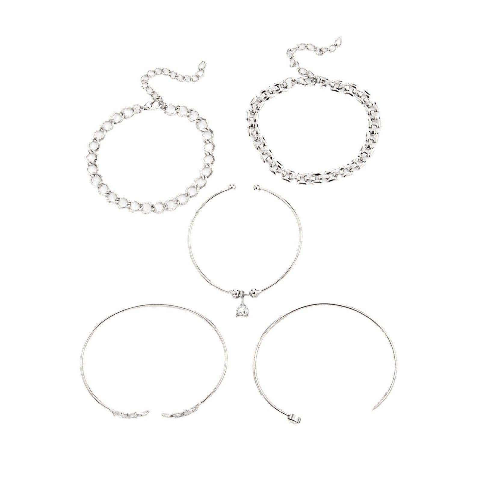 MAC093 Geometric Leaf Point Diamond Beaded Heart Rhinestone Open Bracelet Set - Mariam's Collection