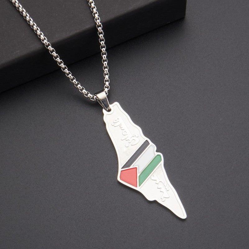 MAC101 Glue Etched Keffiyeh Stainless Steel Palestinian Flag Map Pendant Necklace - Mariam's Collection