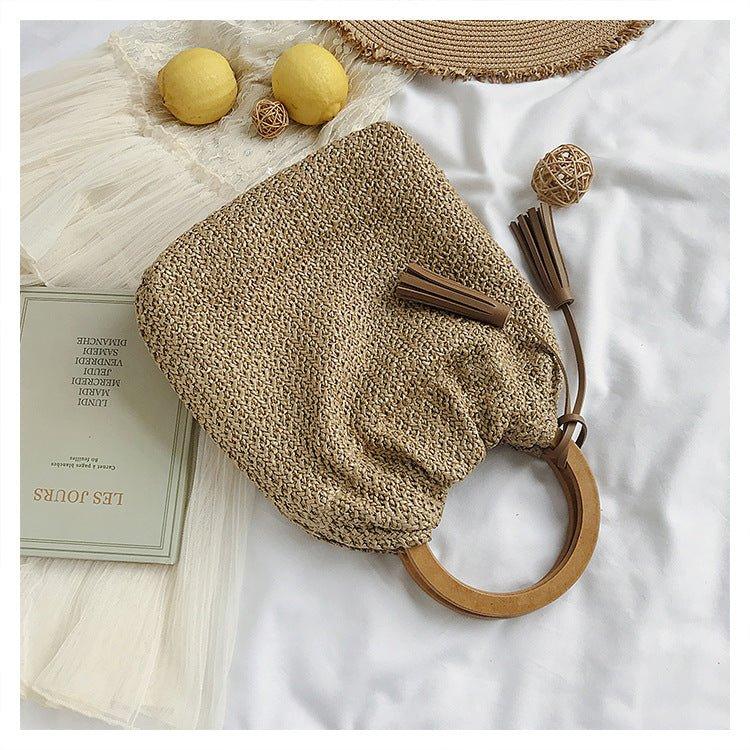 MAC132 Fashionable Straw Simple Beach Tassel Bucket Bag - Mariam's Collection