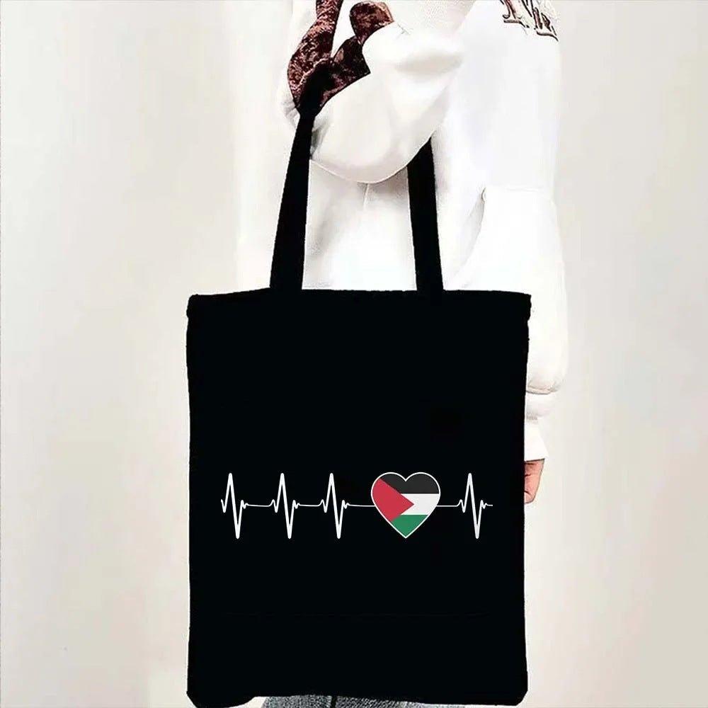 MAC138 Palestine Flag Heartbeat Canvas Cotton Tote Bag - Mariam's Collection