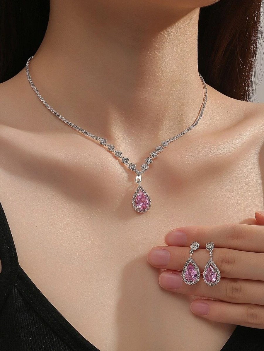 MAC181 Brilliant Full Diamond Zircon Drop Necklace And Earrings - Mariam's Collection