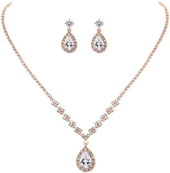 MAC181 Brilliant Full Diamond Zircon Drop Necklace And Earrings - Mariam's Collection