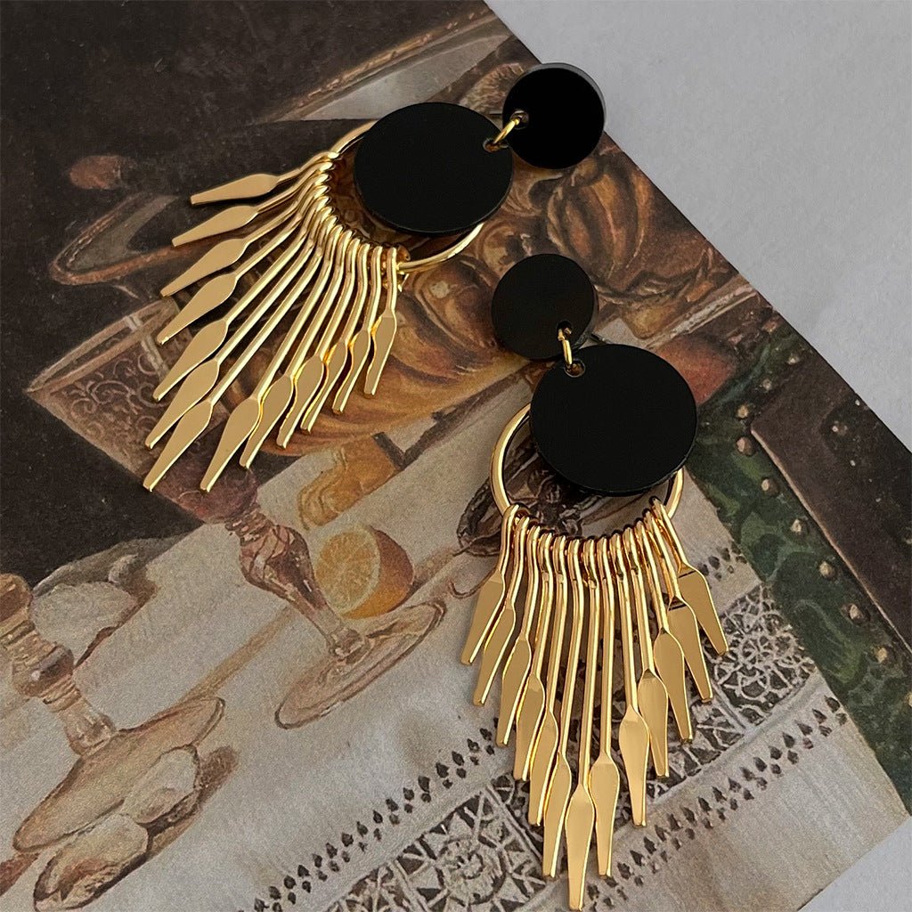 MAC197 Medieval Tassel Black Gold Earrings - Mariam's Collection