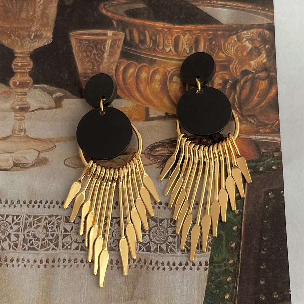 MAC197 Medieval Tassel Black Gold Earrings - Mariam's Collection