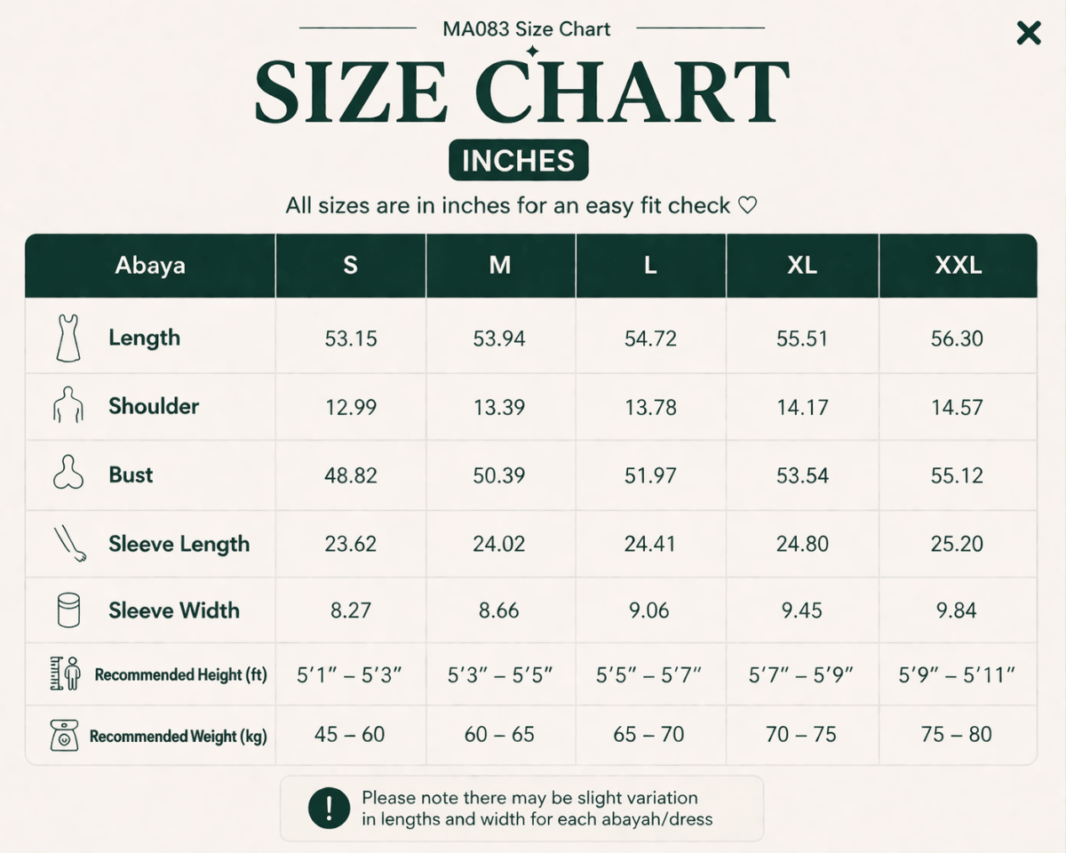 Size and measurement chart for the macaron pullover abaya