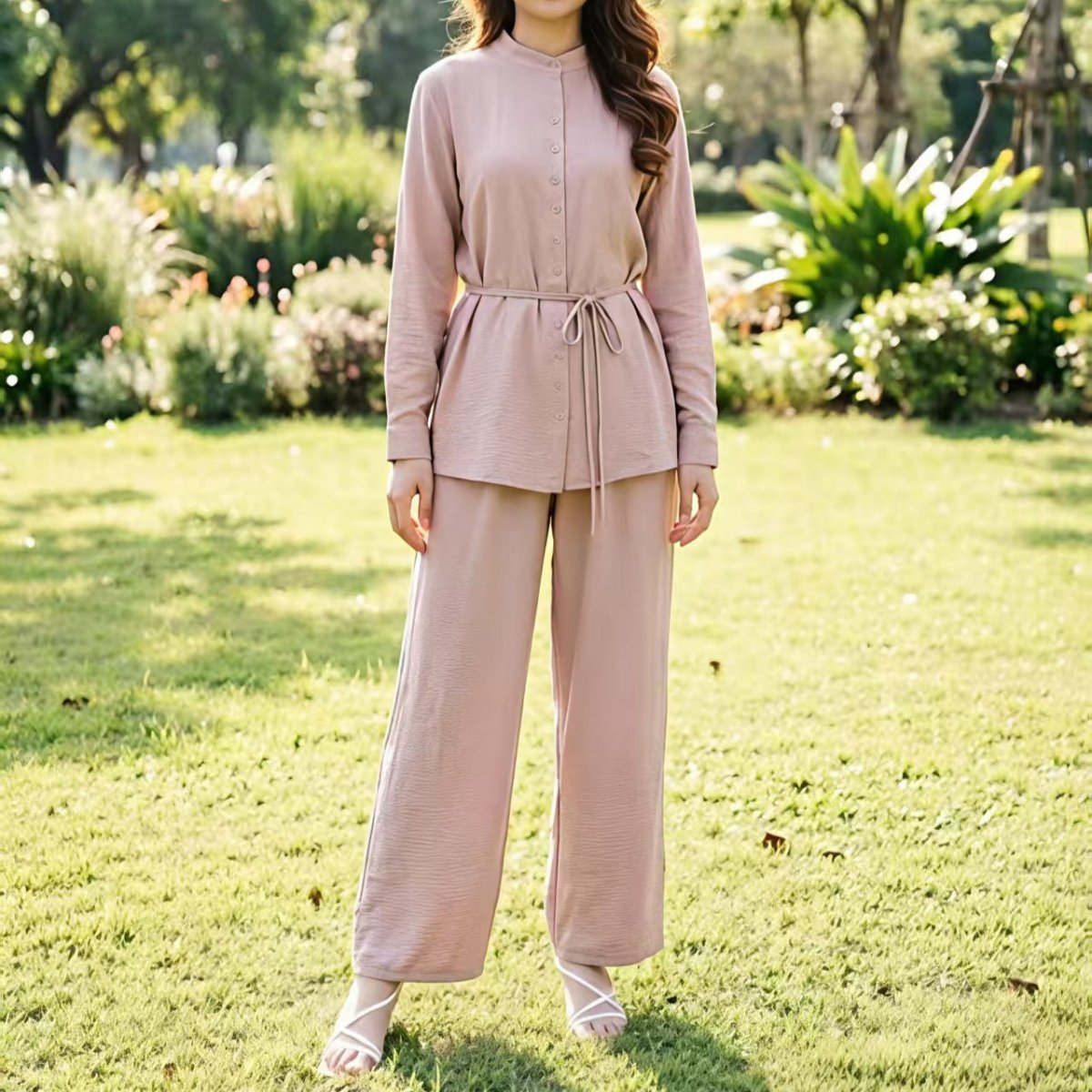 Close-up of tonal button placket and self-tie waist cord on modest co-ord top