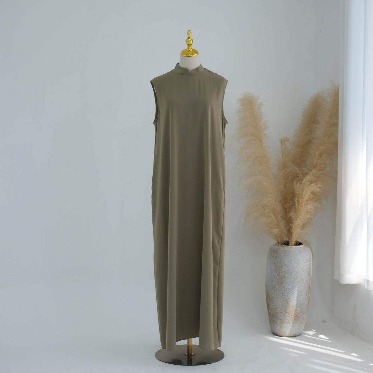 Mandarin-Collar Nida Inner Maxi Dress | Sleeveless Belted Layering Dress(MS569) - Mariam's Collection