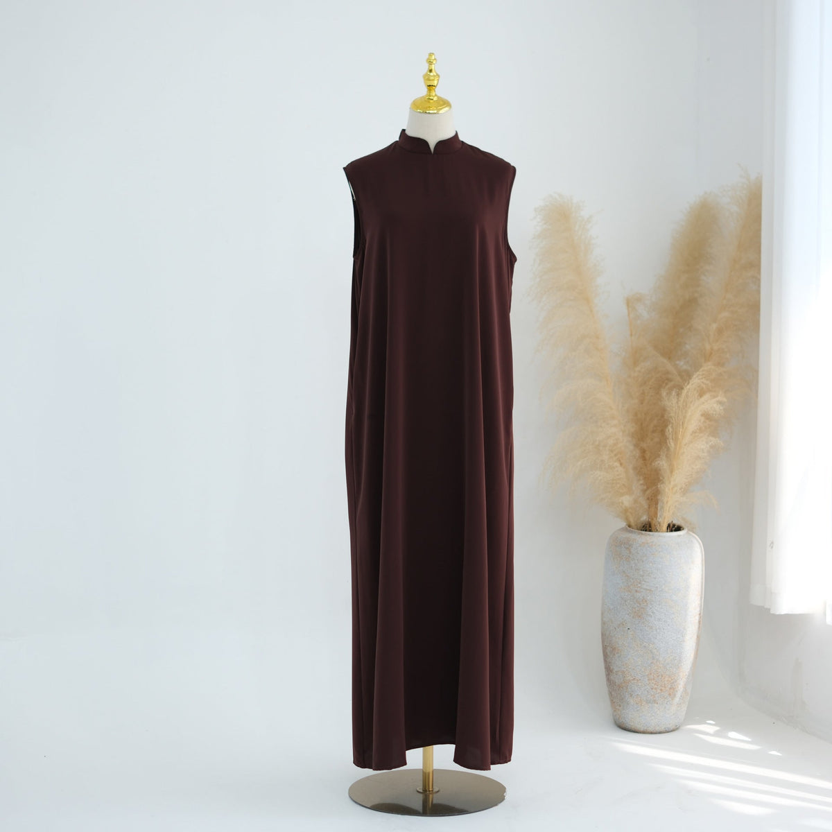 Mandarin-Collar Nida Inner Maxi Dress | Sleeveless Belted Layering Dress(MS569) - Mariam's Collection