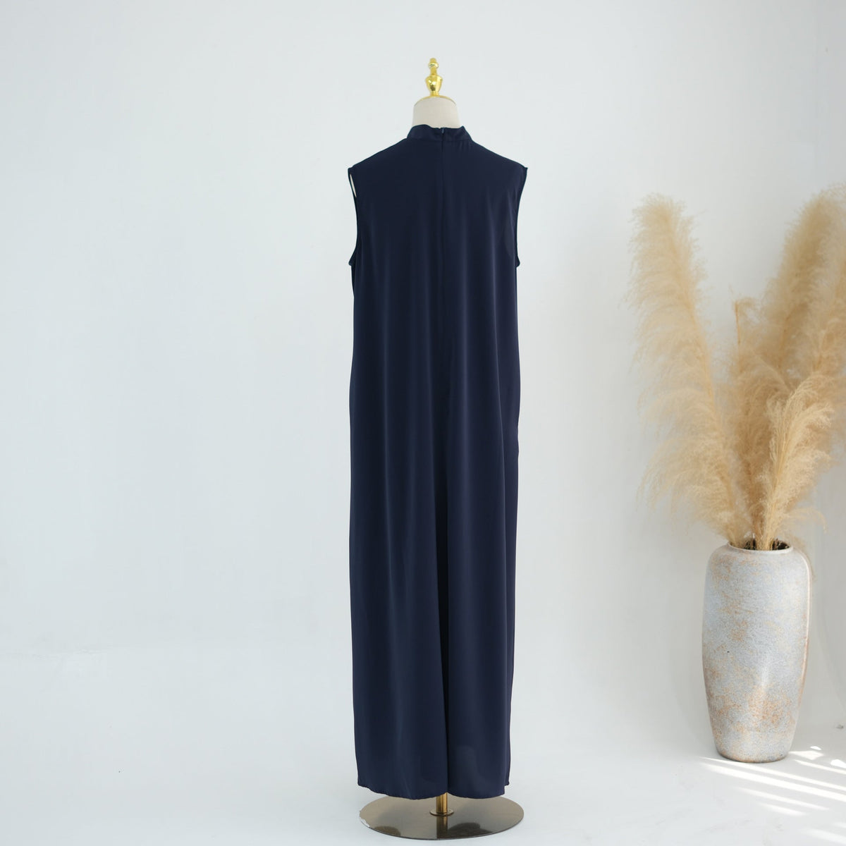 Mandarin-Collar Nida Inner Maxi Dress | Sleeveless Belted Layering Dress(MS569) - Mariam's Collection