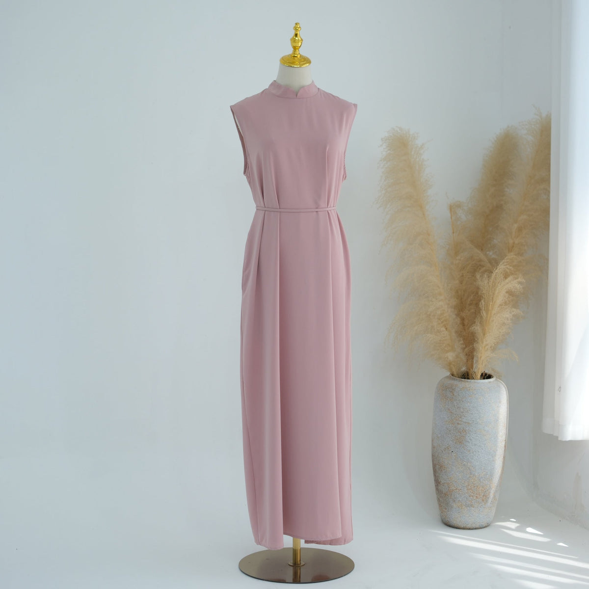 Mandarin-Collar Nida Inner Maxi Dress | Sleeveless Belted Layering Dress(MS569) - Mariam's Collection