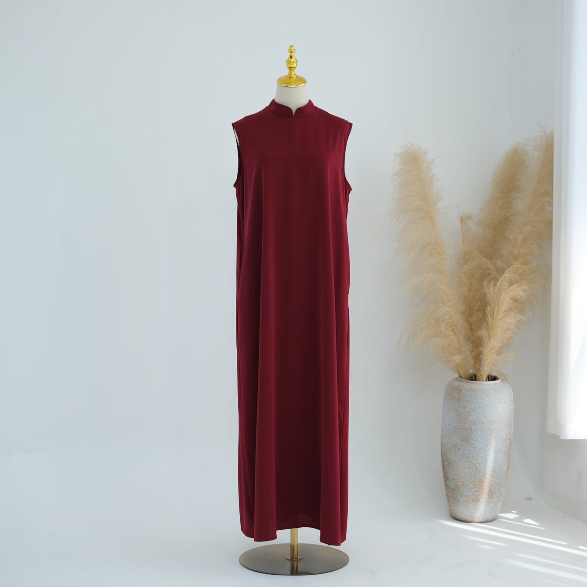 Mandarin-Collar Nida Inner Maxi Dress | Sleeveless Belted Layering Dress(MS569) - Mariam's Collection